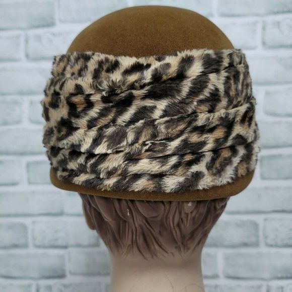 Vintage MARZI Firenze Designer Brown Felt Cloche Hat Faux Fur Leopard Italy - Picture 4 of 10